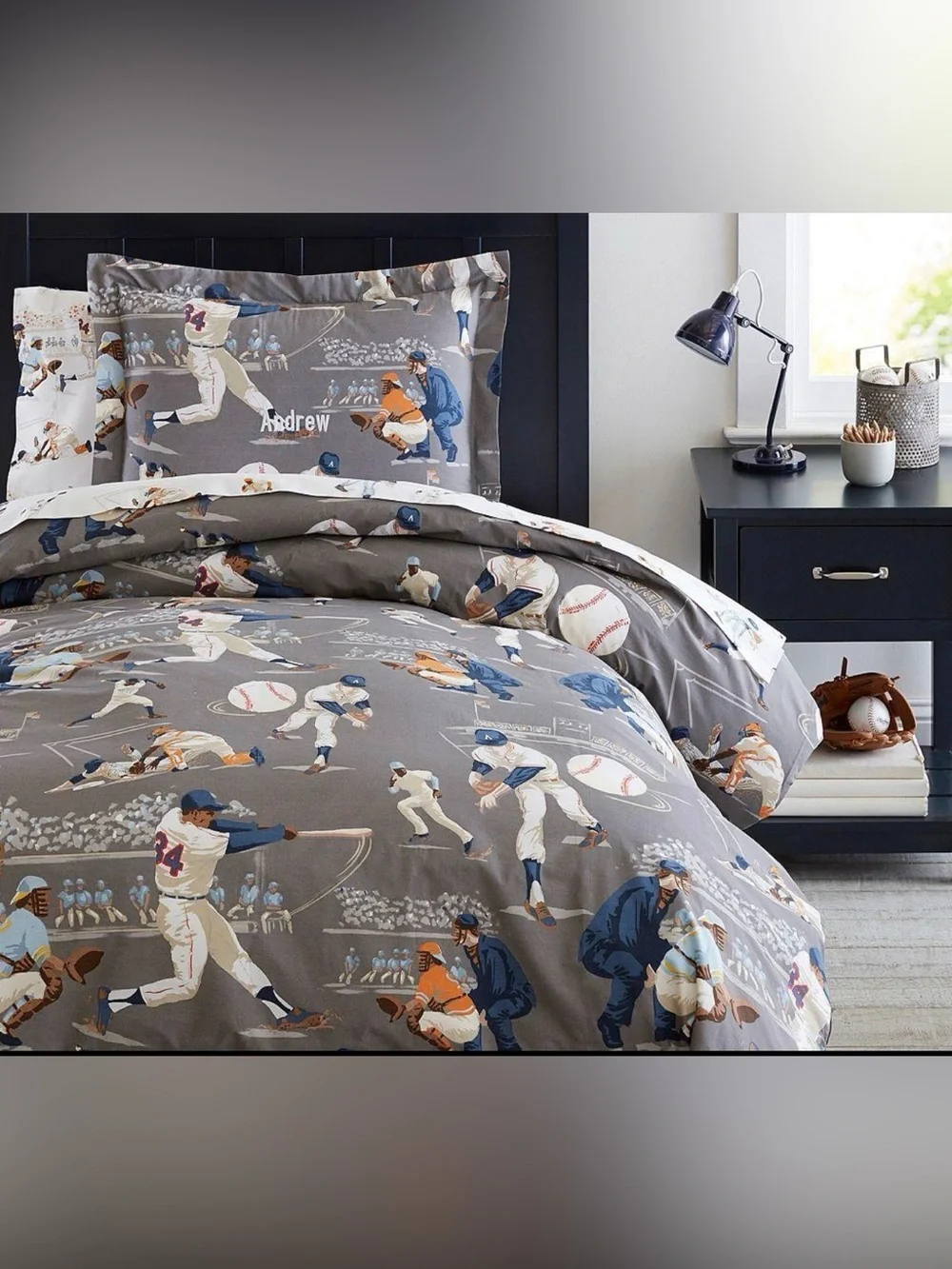 Pottery Barn Kids Gray Baseball Comforter with Blue and Tan Players